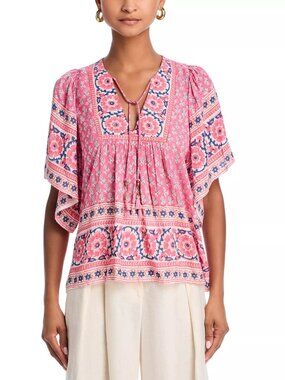 220$ Bell Angel Print V-Neck Pullover Blouse Top Short Sleeves Size S Pink